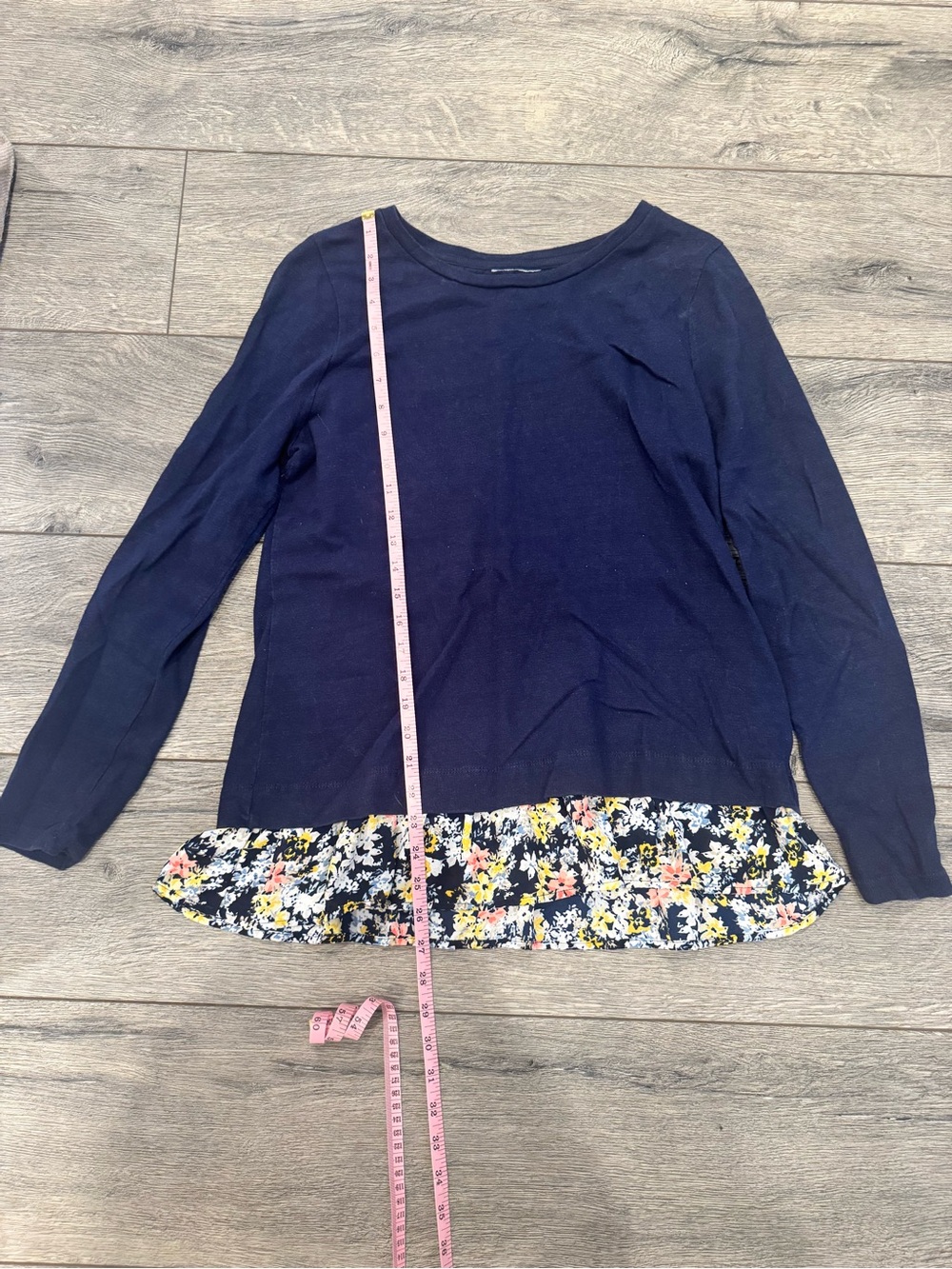 Charter Club Navy Long Sleeve Top with Floral Hem